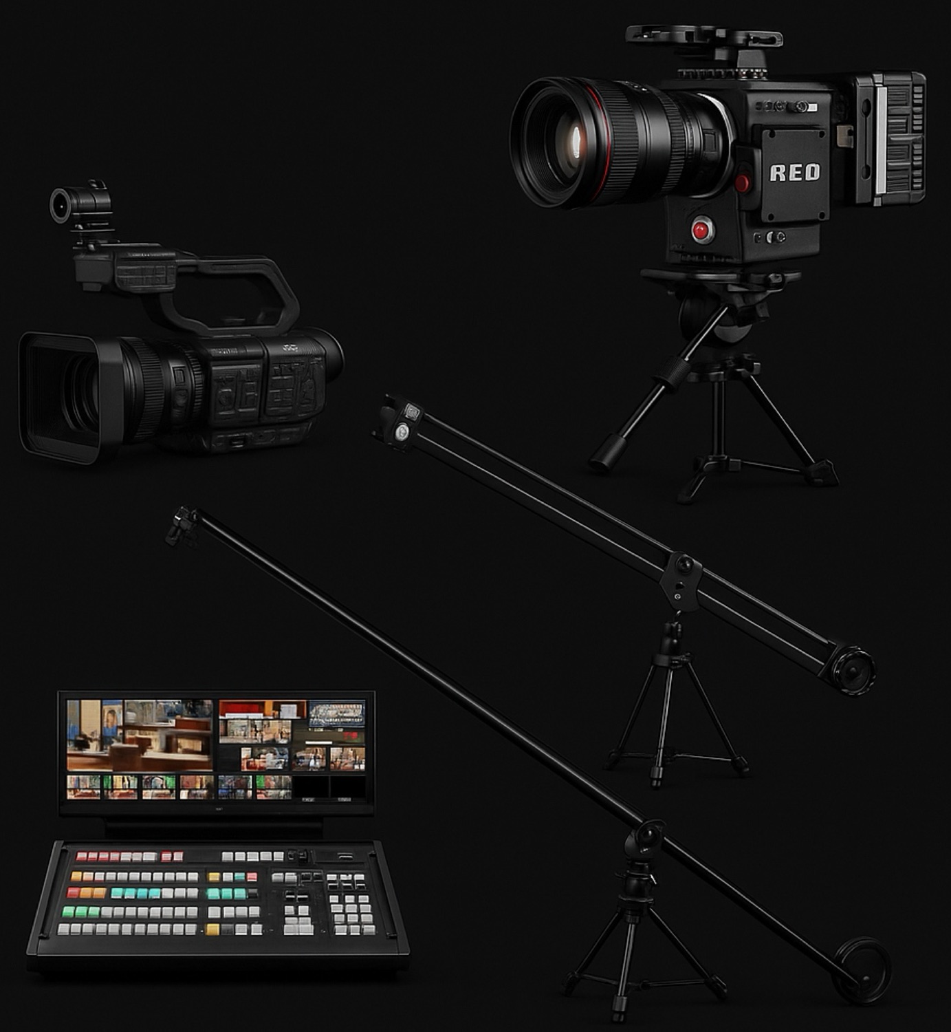 A RED cinema camera, a camcorder, two jib cranes and a video switcher